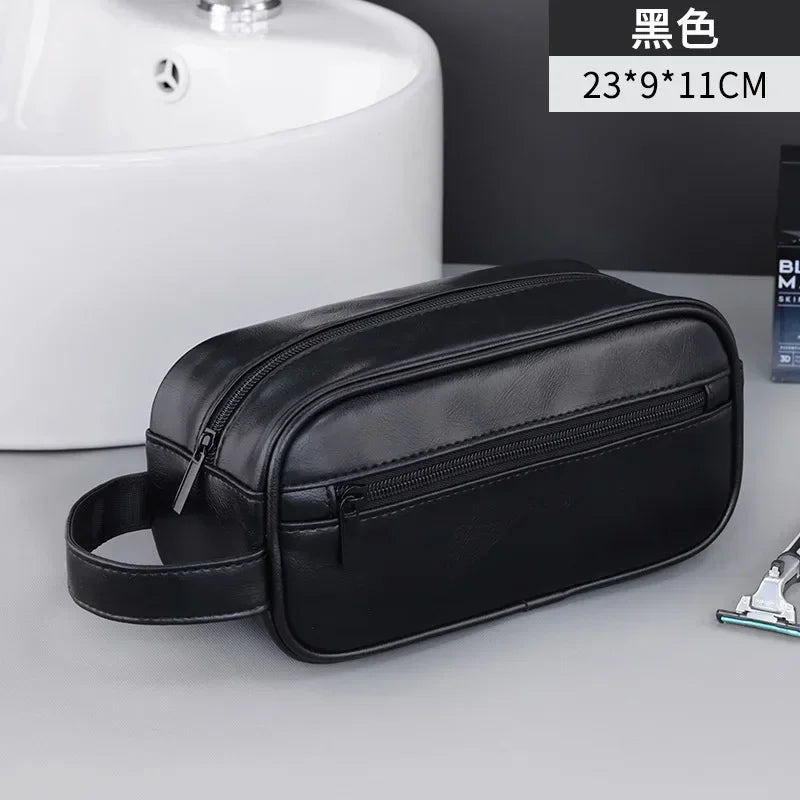 Men Leather Wash Bag Travel Business Trips Portable Cosmetic Bag Large Capacity Multi Pocket Design Handheld Leather Wash Bag