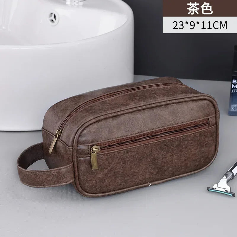 Men Leather Wash Bag Travel Business Trips Portable Cosmetic Bag Large Capacity Multi Pocket Design Handheld Leather Wash Bag