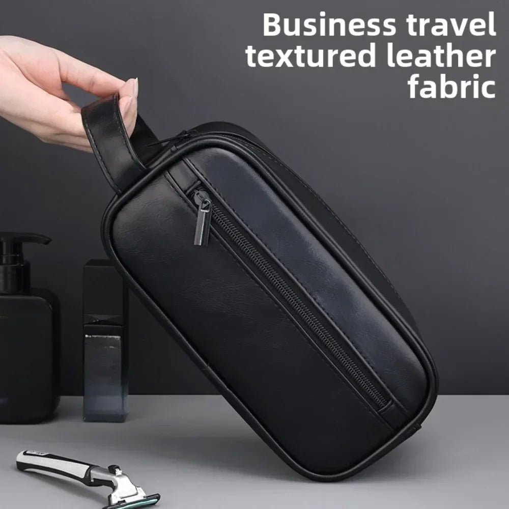 Men Leather Wash Bag Travel Business Trips Portable Cosmetic Bag Large Capacity Multi Pocket Design Handheld Leather Wash Bag